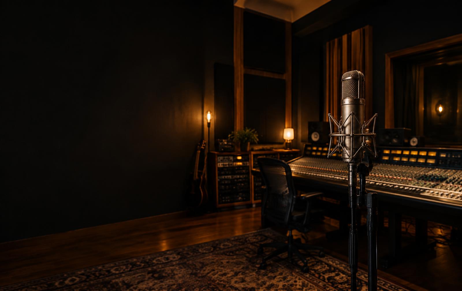 Professional recording studio with microphone and mixing desk